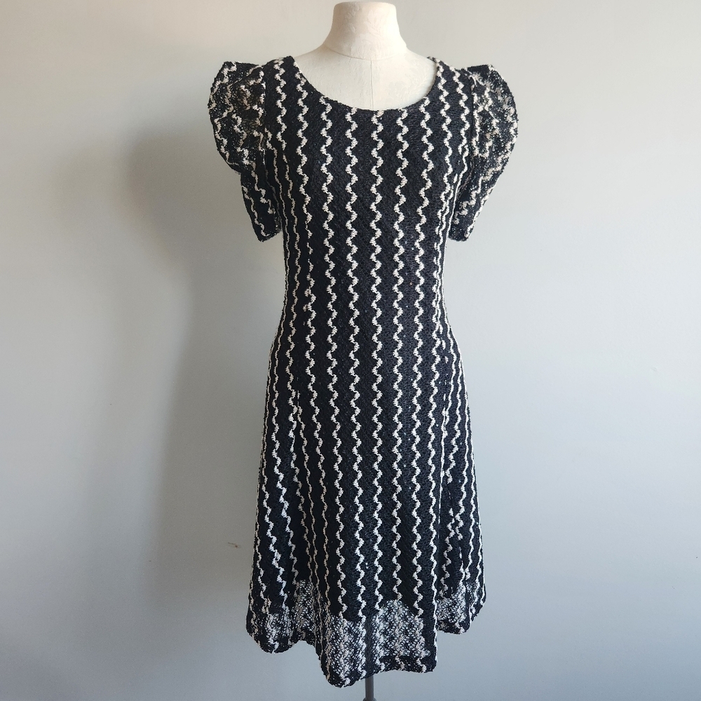 Black and White Patterned Lace Sequins Dress Sz 6-8 Whimsigoth Witchy Goth Prom